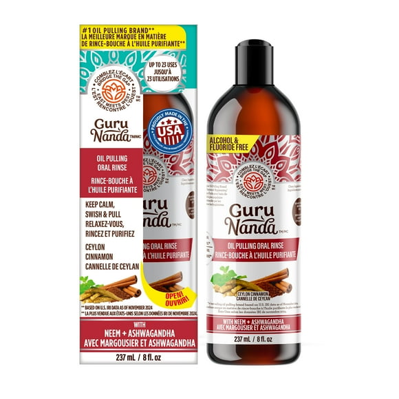 GuruNanda Coconut & Cinnamon Oil Pulling Flavor with Neem & Ashwagandha - Oral Rinse Mouthwash - 237 ml