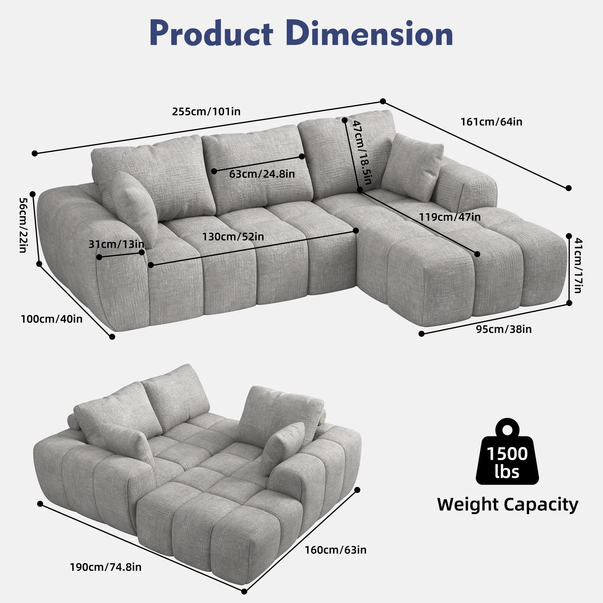 101" Sectional Sofa with Back Cushion,Modern L-Shaped Modular Cloud Couch,Unique Chenille Fabric Couches and Sofas for Living Room Bedroom,Compression Sofa No Assembly Required(Light Gray)