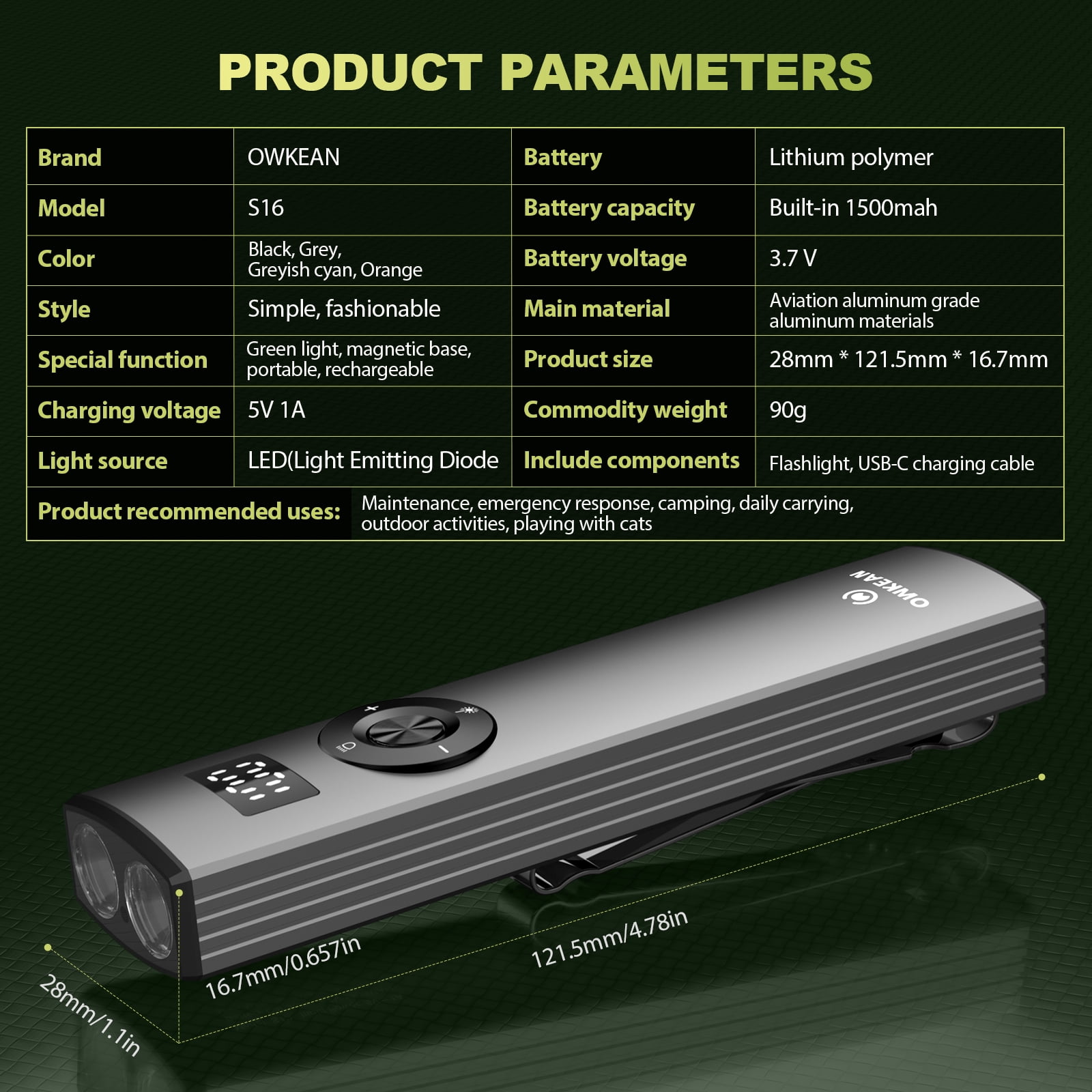 OWKEAN S16 1500 Lumens Rechargeable EDC Flashlight, Green Beam & White LED, 4 Modes, USB-C Pocket Torch, Portable for Camping, Emergency, Working, Gray