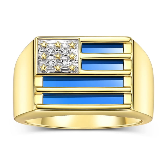 RYLOS Men's Rings 14K Yellow Gold USA Flag Designer Ring With Diamonds and Blue Quartz Rings For Men Designer Patriotic Jewelry Size 9