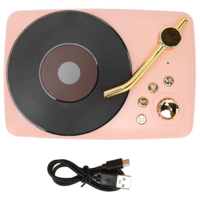 DEWIN Bluetooth Speaker Stereo USB Charging Retro Turntable Design Portable Mini Wireless Speaker for Home Party TravelPink