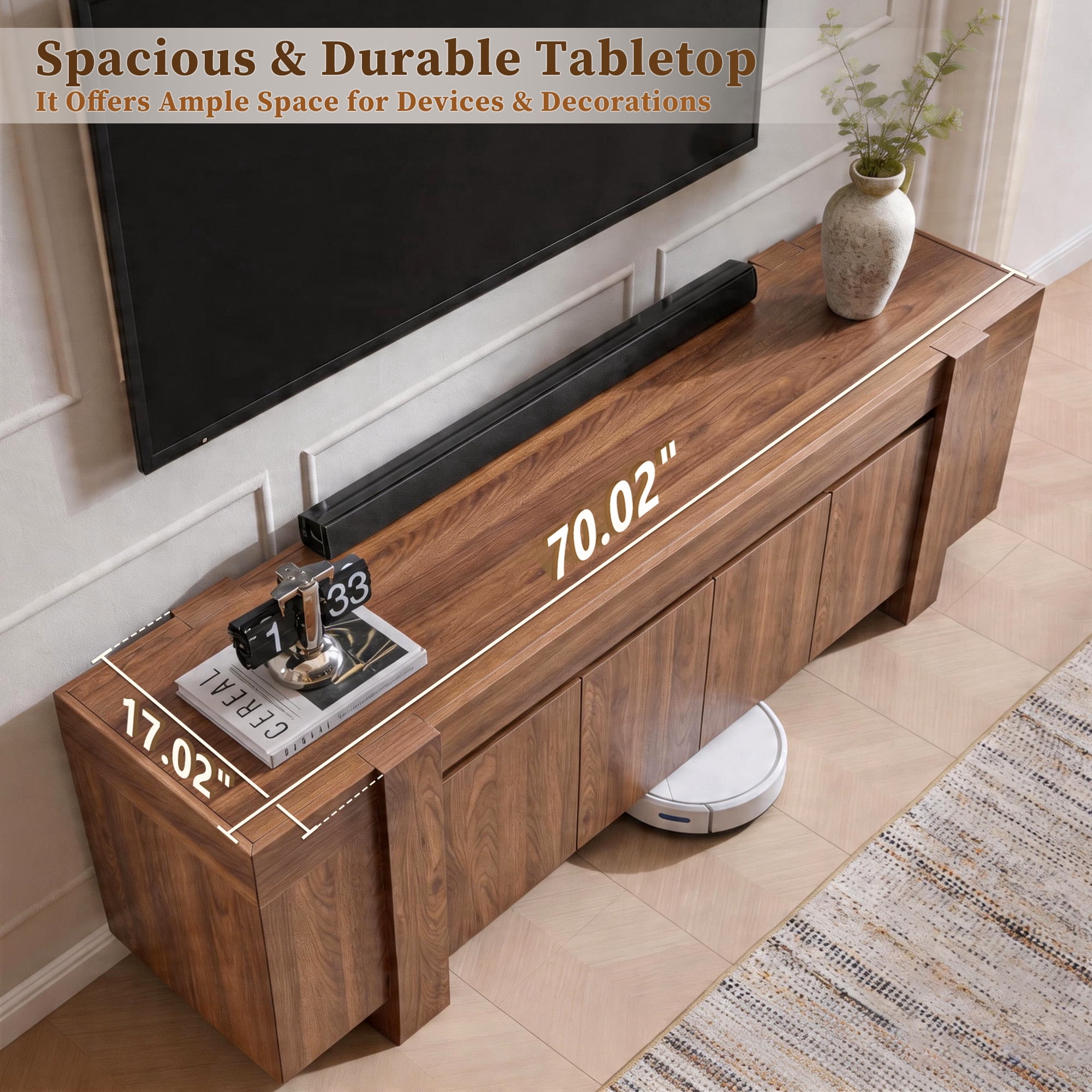 KeyWhat TV Stand for TVs Up to 80", Modern Farmhouse Entertainment Center with Storage Cabinet, Media Console Table for Living Room, Light Walnut