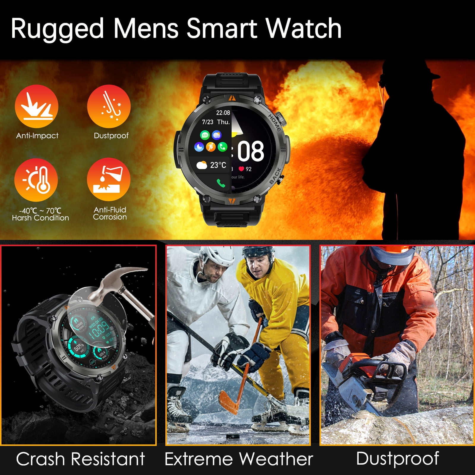 Cyberdyer Smart Watch for Men: Make/Answer Calls for Android & iPhone, 1.45" HD Screen, IP67 Waterproof,100+ Sports Modes, 400mAh Rugged Smartwatch with Pedometer, and Practical Flashlight Feature
