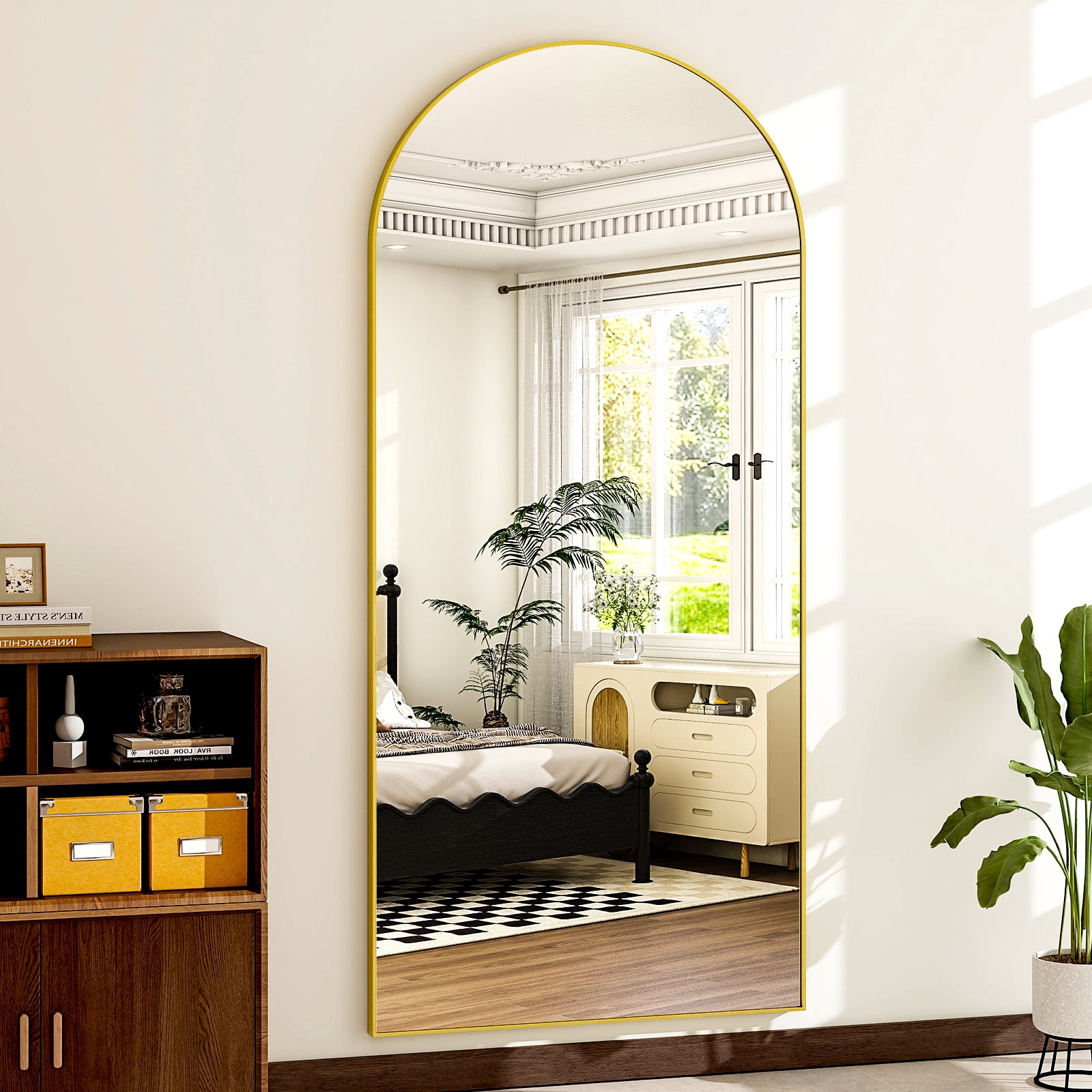Mirrasia 76"x34" Arched Oversized Full Length Mirror Wall-Mounted Leaning Floor Mirror,Gold