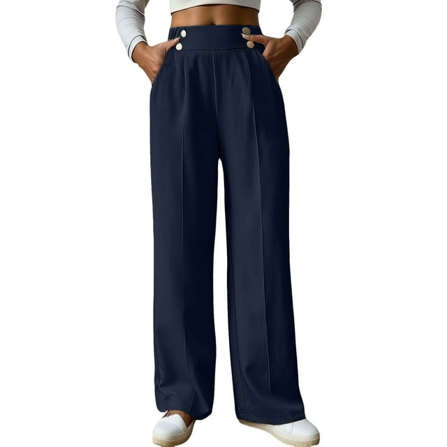 Women's Casual Straight Leg Pants - Side Button Design, Elastic Waist, Functional Pockets, Polyester, Sizes S-XXXL, 100-105cm Length, Machine Wash