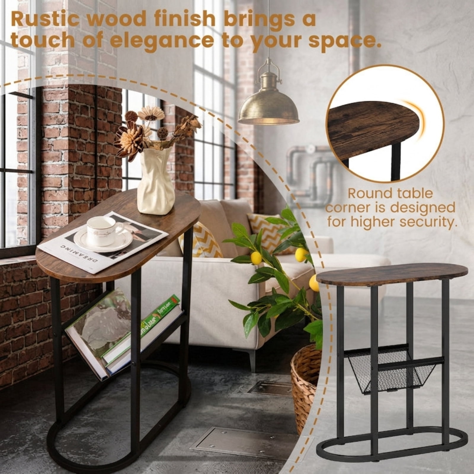 Furnibear Narrow Oval End Table with Mesh Storage Shelf and Steel Frame for Small Spaces Bedside and Sofa Living Room, Rustic Brown