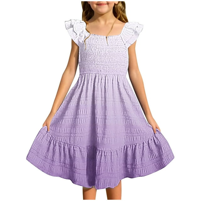 MIASHUI Girls Dresses Flutter Sleeve Stretch A Line Swing School Dress,Light Purple,15-16 Years