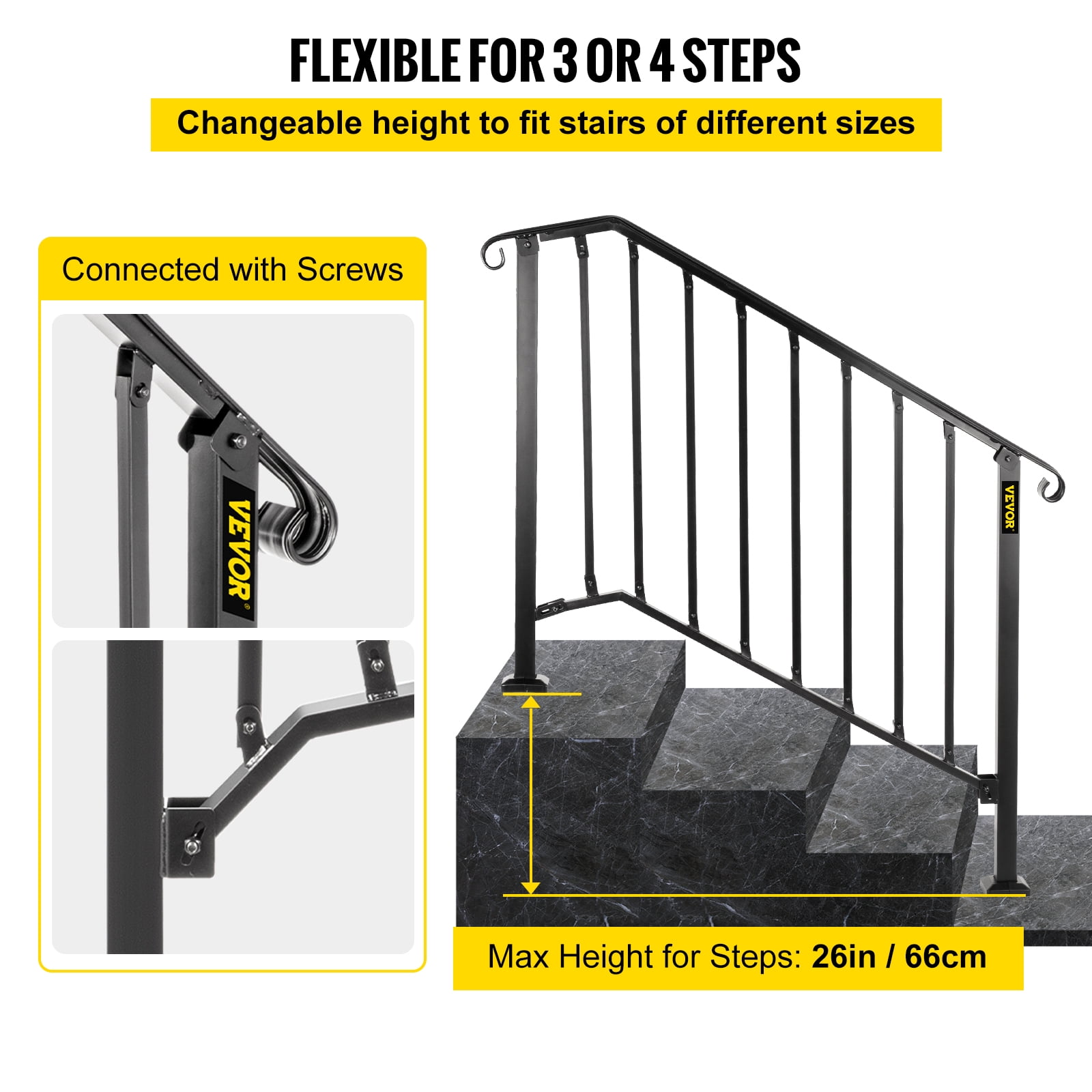 VEVORbrand Handrail for Stairs Fits 3 or 4 Steps Outdoor Handrail Rail Height adjustable Wrought Iron Handrail, Matte Black