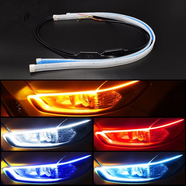 2X coches ultrafinos DRL LED luces de circulación diurna conducción flexible señal de giro blanca tira de guía amarilla para montaje de faros
