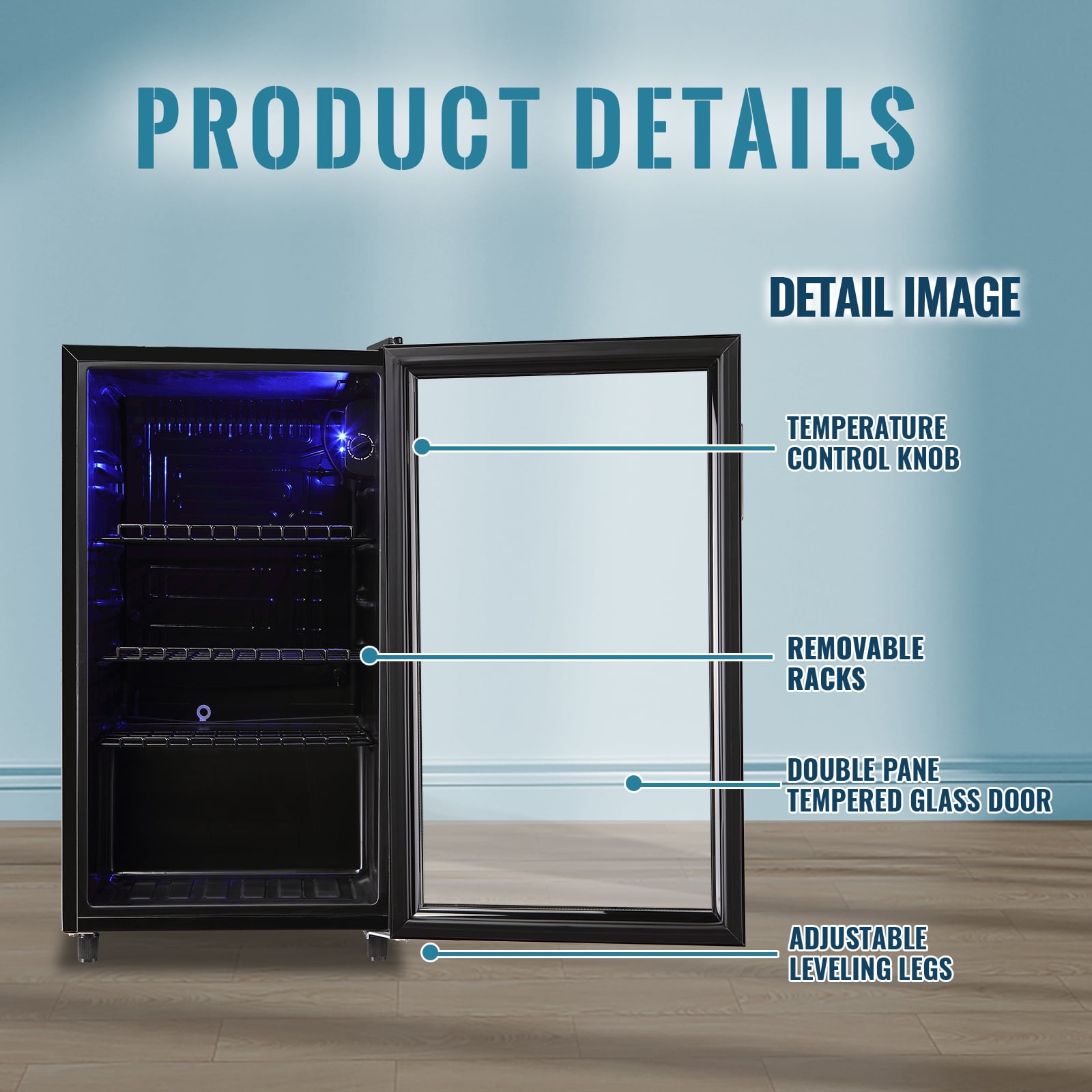 WANAI Beverage Refrigerator Cooler 3.5 Cu.ft Beer Fridge with Glass Door LED Light Adjustable Shelf
