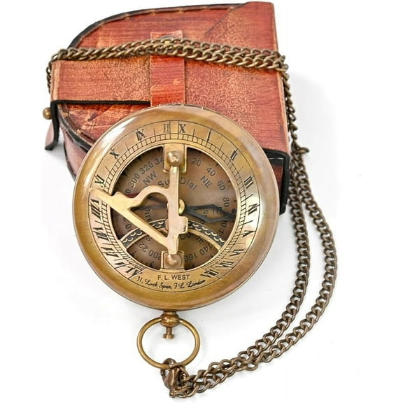 Indian Nautical Instruments Brass Sundial Compass with Leather Case and Chain - Steampunk Accessory - Antiquated Finish - Beautiful Handmade Gift -Sundial Clock (Classic)