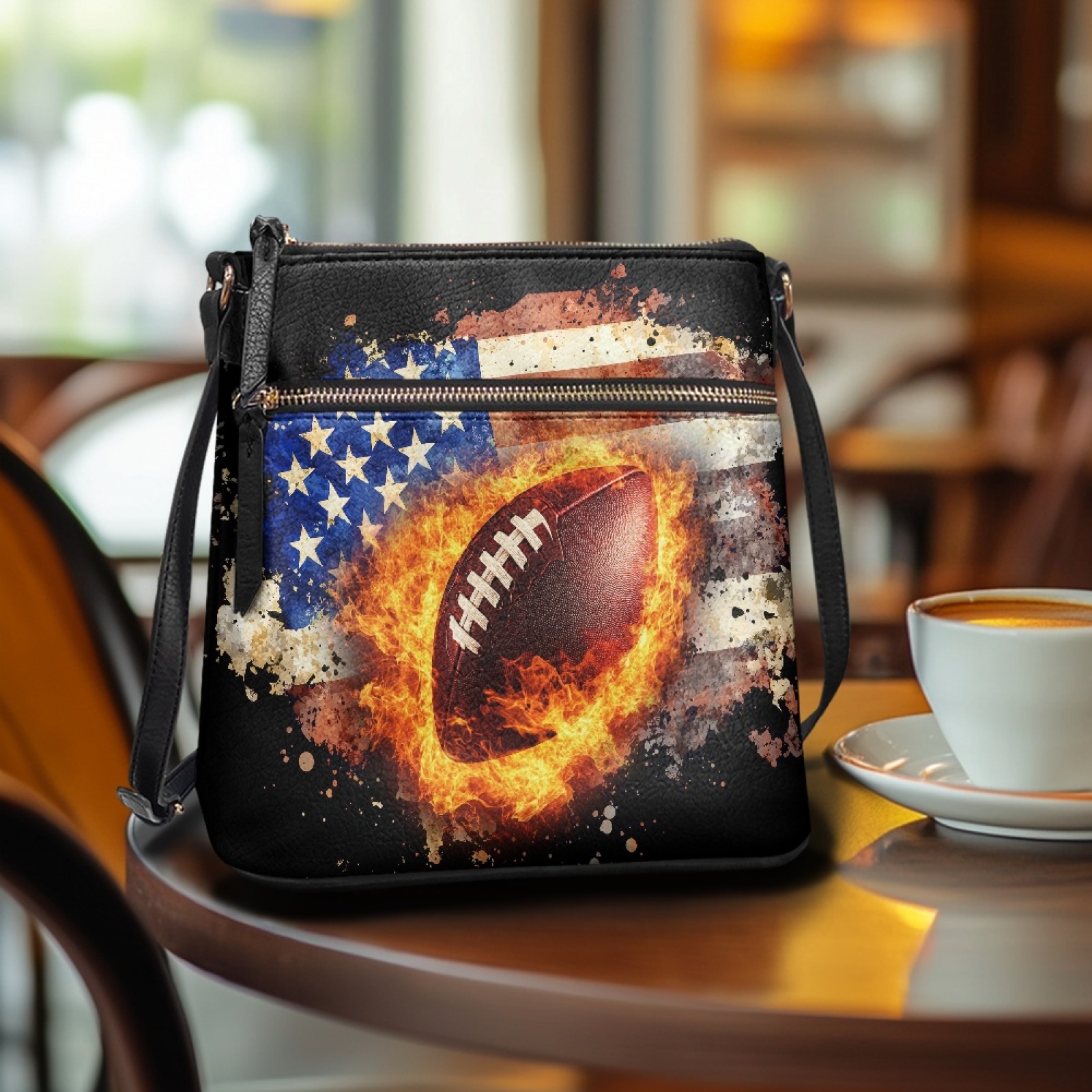LedBack Football Print Leather Crossbody Purse for Women Ladies, Zipper American Flag Cross Body Bag Satchel Bag Messenger Purse Multi Pockets Satchel Purse with Adjustable Strap, Black