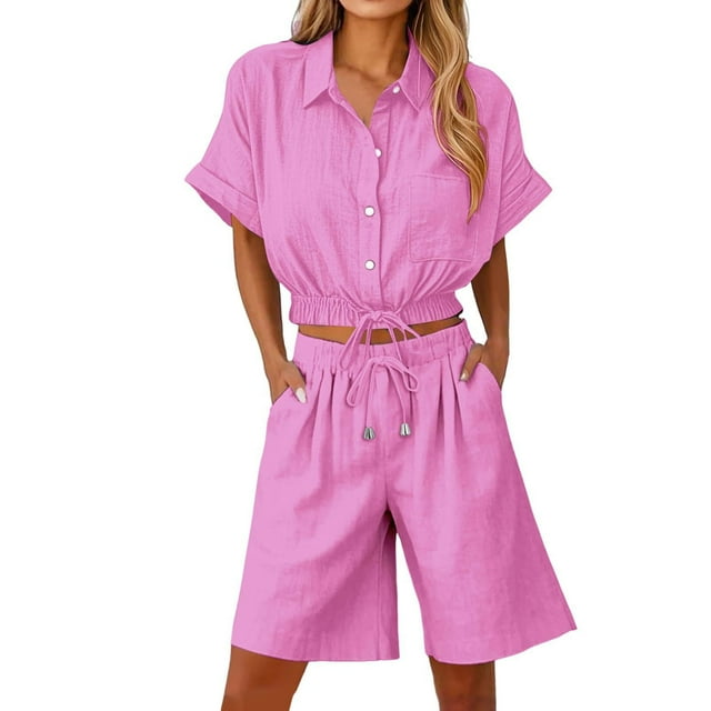 Vestidos Casuales Para Mujer, Blusas De Mujer De Moda Conjunto de blusa y pantalones cortos de lino para mujer, con solapa, manga corta y botones sueltos, para verano