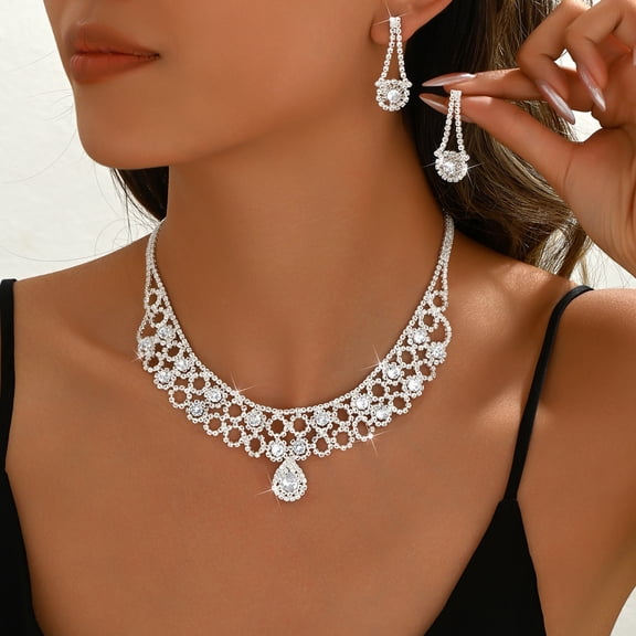 Faty-T Rhinestone Bridal Wedding Jewelry Set Silver Necklace Earrings Sets Formal Prom Costume Jewelry Sets for Women and Brides