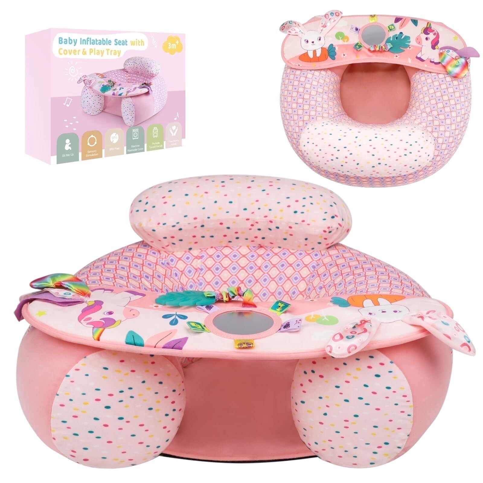 Blublu Park Baby Inflatable Sit Me Up Floor Seat, 3-36 Months with Cover & Detachable Sensory Tray, Unicorn