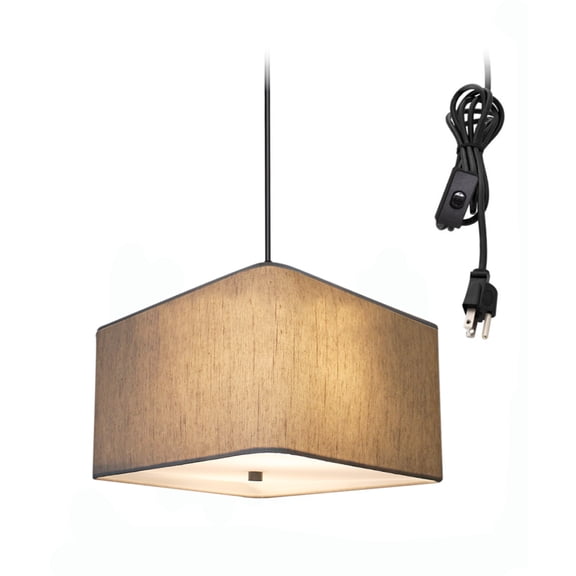 2 Light Swag Plug-In Pendant 12"w Rounded Corner Square Oatmeal Drum Shade with Diffuser, Black Cord