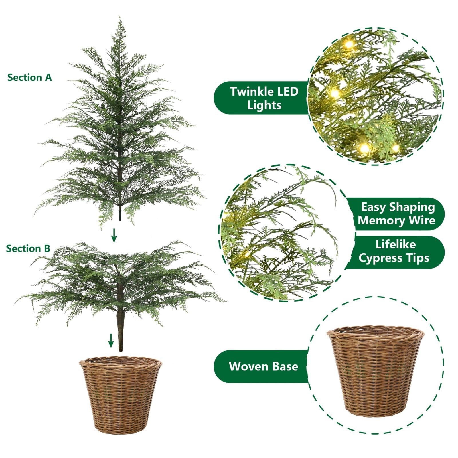 1 Pc Pre-Lit Green Cypress Artificial Christmas Potted Tree with 100 Warm White Twinkle LED Lights, 35"