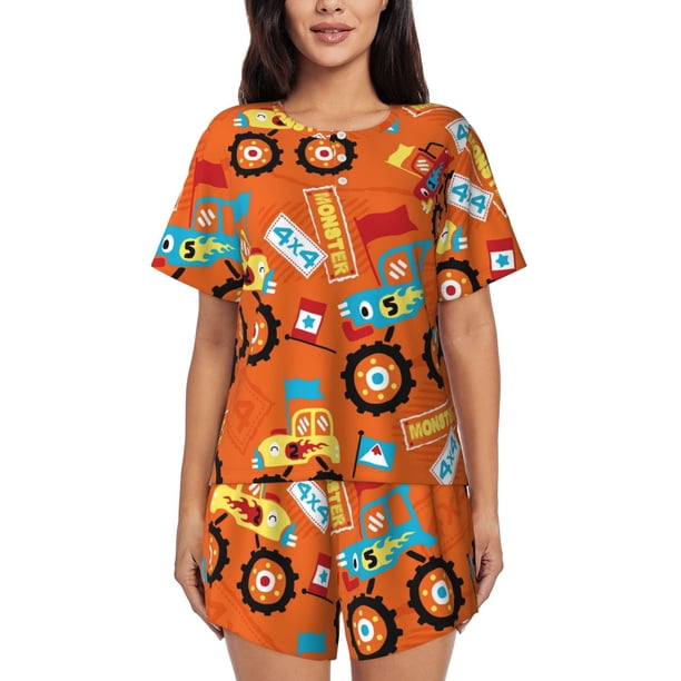 Fotbe Monster Truck Conjunto de Pijama Estampado para Mujer, 2 Piezas, Ropa de Dormir con Camiseta de Manga Corta y Shorts Suaves-Large