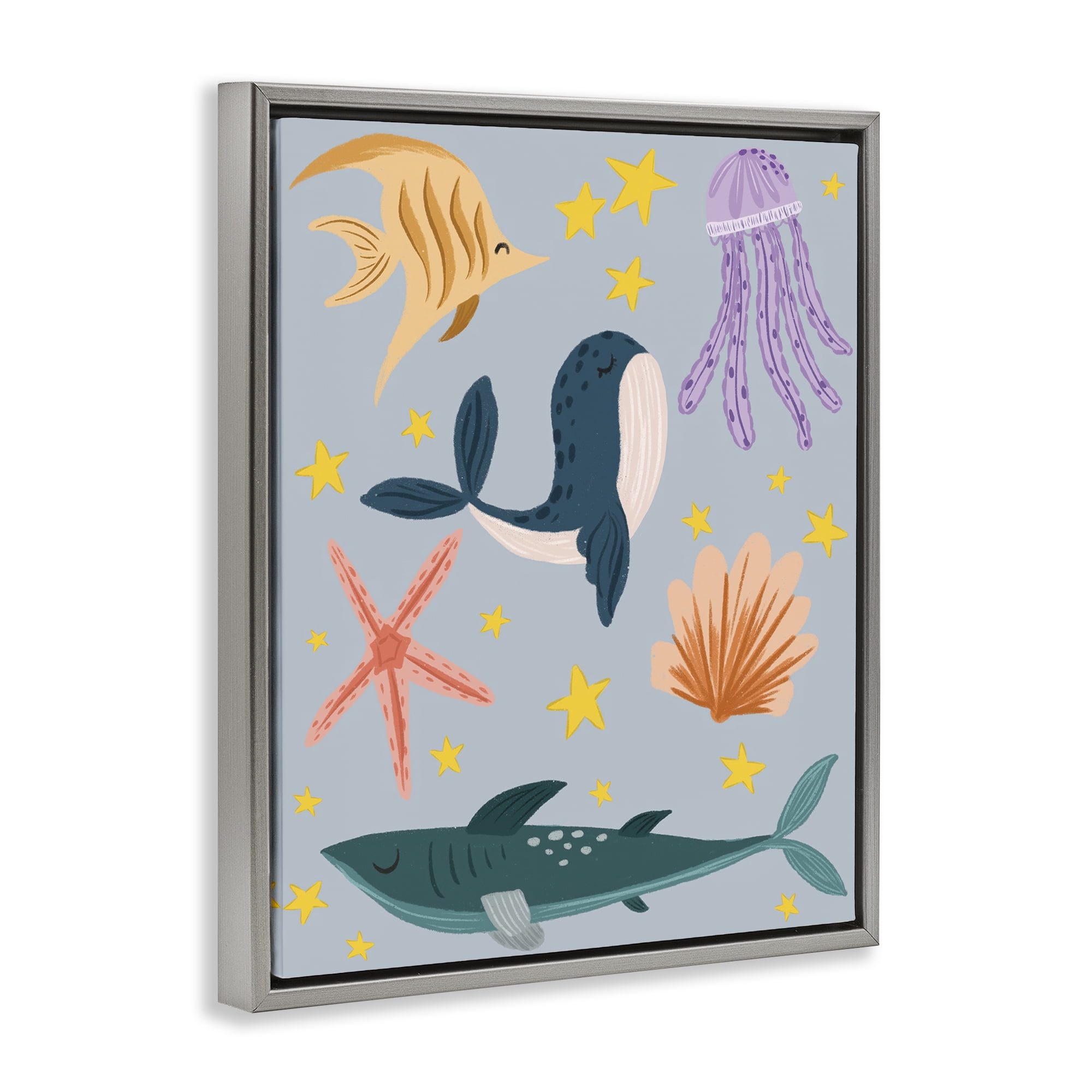 Stupell Industries Whimsical Marine Creatures Animals Painting Gray Floater Framed Canvas Art Print Wall Art, 17 x 21