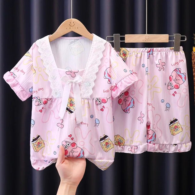 Conjunto de pijama de manga corta con lazo para niños, ropa de casa de dibujos animados, My Melody, Cinnamoroll, serie Sanrios, verano, dos piezas, regalos