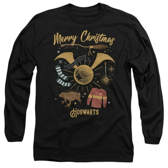 Harry Potter Merry Christmas From Hogwarts Unisex Adult Long-Sleeve T Shirt, Black, Large