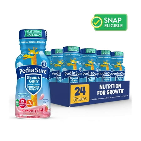 PediaSure Grow & Gain with Immune Support, 7g Protein, Strawberry, 8-fl-oz Bottle, 24 Shakes