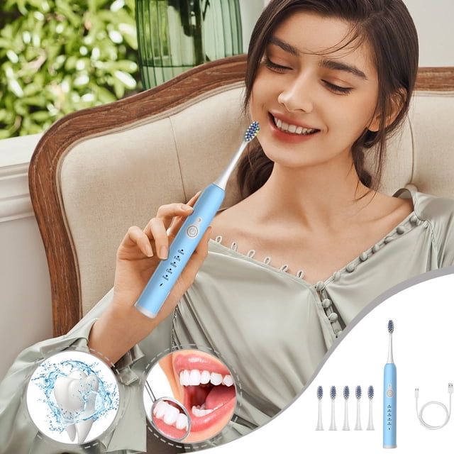 Xihbxyly Cepillo de Dientes Eléctrico, 5 Modos de Limpieza, 6 Cabezales de Repuesto, Recargable Por Usb, Carga Rápida, Resistente Al Agua Ipx7, Elimina Manchas Eficazmente, Ideal para Viajes, Blanco,