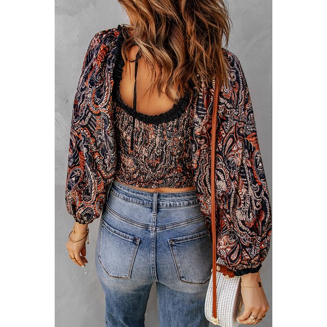 ABPHQTO Top corto con estampado floral de Paisley con volantes para mujer