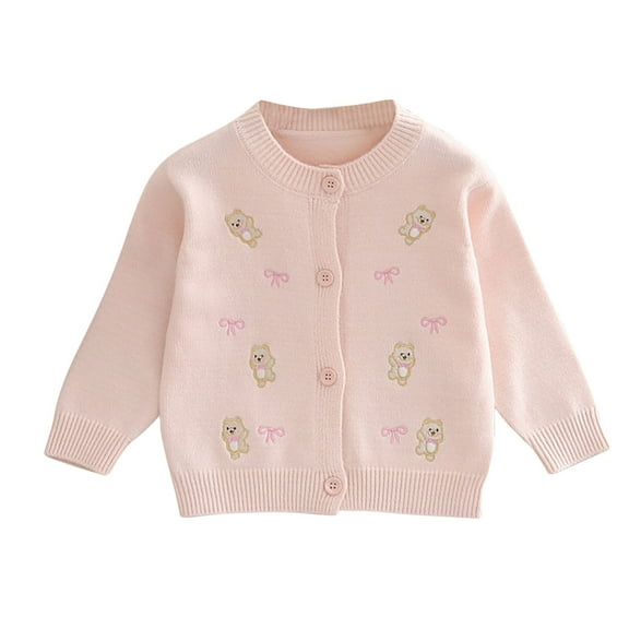 Toddler Cute Cardigan Sweater Girls Bear Embroidered Knit Cardigans Lightweight Button down Sweaters Tops Pink, 7 Y