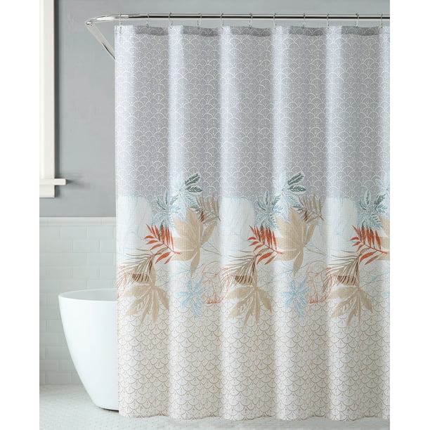 VCNY Home Fabric Shower Curtain Tropical Leaf Pattern with Gray and