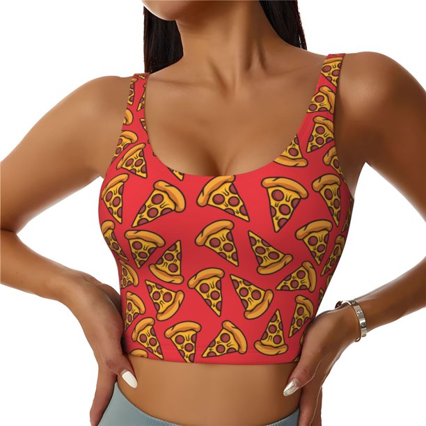 Fotbe Pizza Cartoon Sujetador Deportivo Largo sin Aros para Mujer con Almohadillas y Soporte Medio, Transpirable y Absorbente, Camiseta Tipo Chaleco o Tank Top-Small