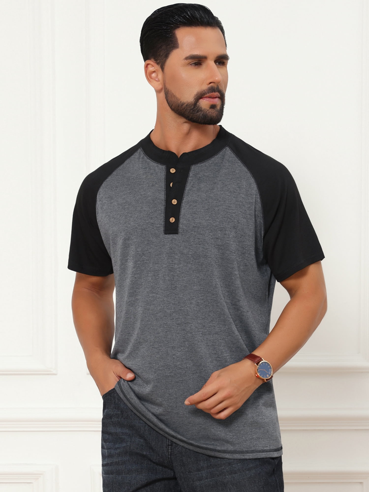 DARING DIVA Men's Raglan Henley Retro Short Sleeve Button Down T-Shirt S Dark Gray