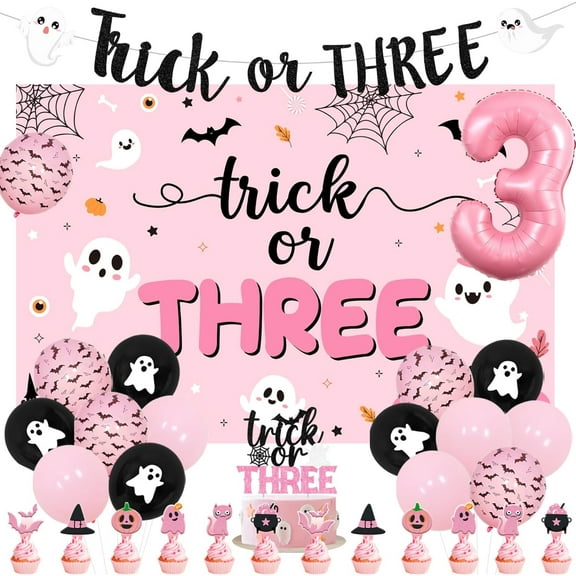 Trick or Three Theme Halloween 3rd Birthday Party Decorations Trick or Three Backdrop Banner Number 3 Foil Balloon Halloween Theme Cake Cupcake Toppers for Halloween 3rd Birthday Party Decor Favoers