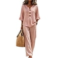 thumbnail image 3 of Boho Button-Front V-Neck Ruffle Sleeve Two-Piece Set for Women, Lightweight Wide Leg Pants & Top Outfit - Summer Vacation Beach Resort Casual Loungewear Pink XXXL, 3 of 5