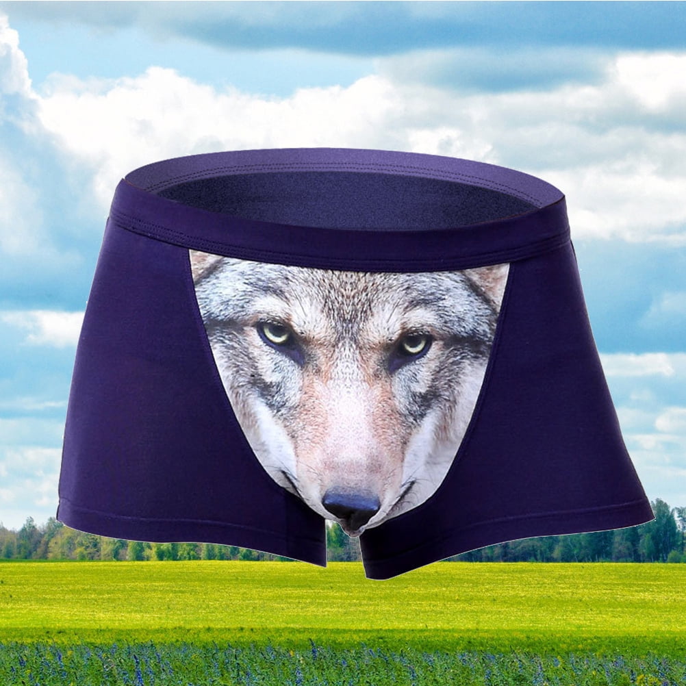 Men's Sexy 3D Wolf Head Animal Underwear Briefs Stretch Modal Underpants  Size L (Blue)