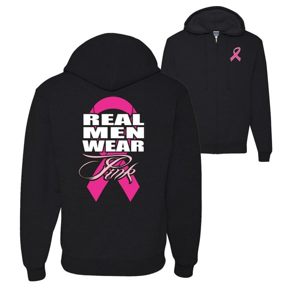 Wild Bobby, Real Men Wear Pink, Breast Cancer Awareness, Front and Back Graphic Zip Up Hoodie Sweatshirt, Black, Small