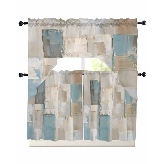Blue Beige Color Blocks Kitchen Curtains Sets 36 Inch Length with Valance, Abstract Oil Painting Art Swag Valances and Tiers Curtain Set Drapes Swag Curtains for Living Room, Bathroom, Bedroom, Cafe