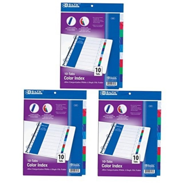 3 pk, bazic 3ring binder dividers with 10 color tabs