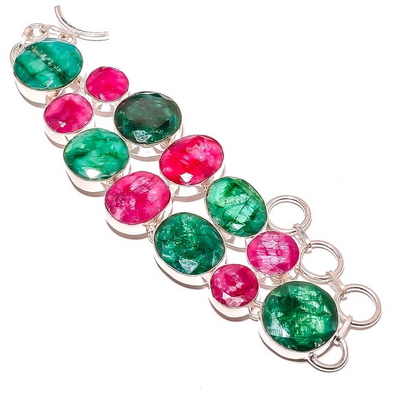 Emerald & Ruby (Simulated) 925 Sterling Silver Ethnic Bracelet 7-7.99" TB7510-23, Beautiful Jewelry For Woman, New Year Sale, Valentin's Day Gift