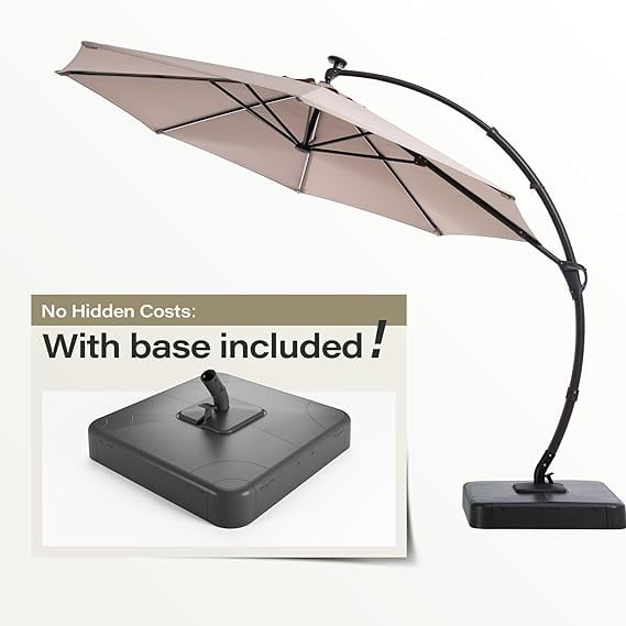 Yardgrace 11FT Patio Umbrella with Lights and Base, Large Offset Cantilever Umbrella with 360°Rotation for Patio, Pool, Garden and Backyard (Champagne)