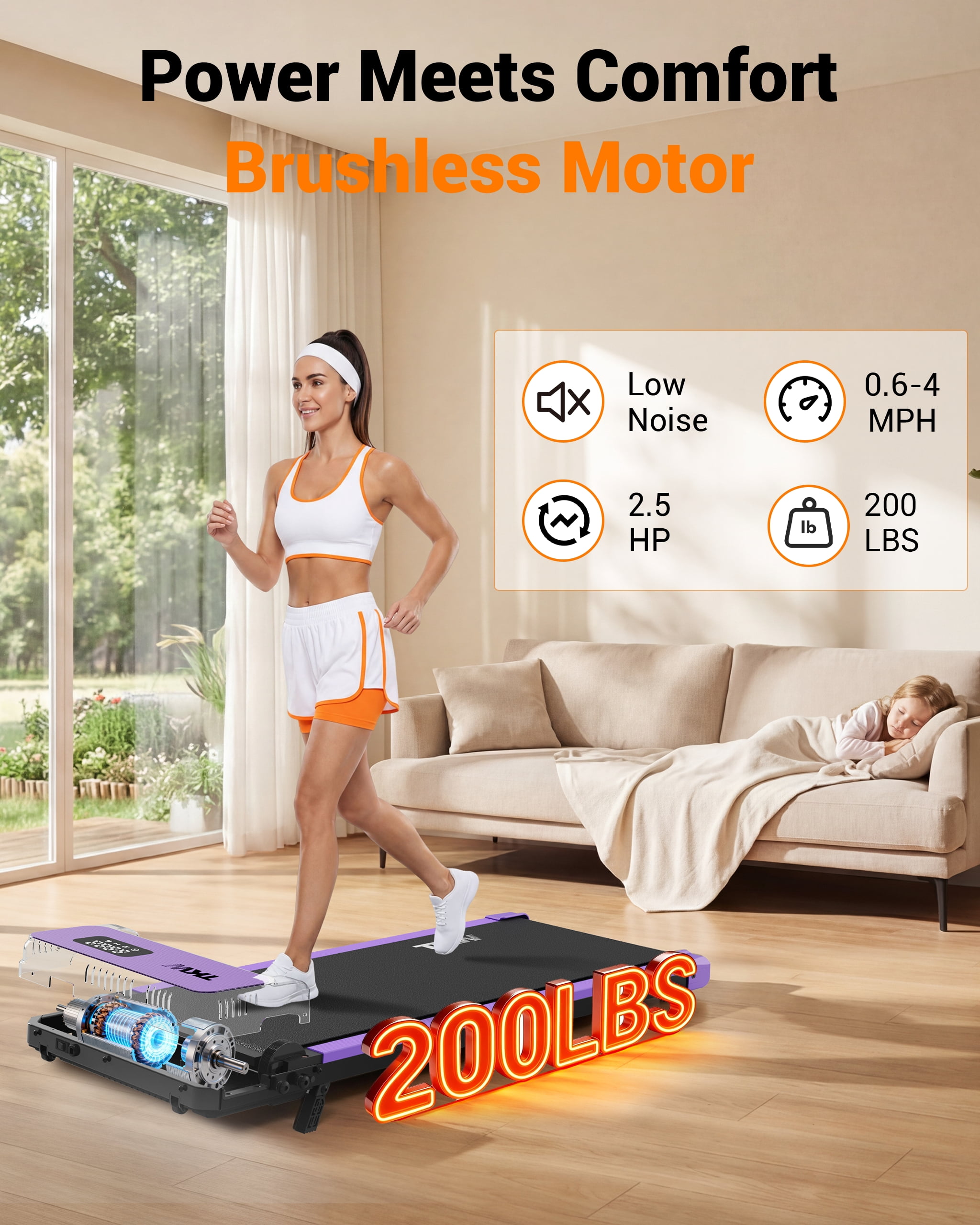 TKW Under Desk Walking Pad Treadmill, Portable Compact walkingpad treadmill for Apartment & Small Space Home Fitness, 200 lbs Capacity walk pad Walking Pad, Purple