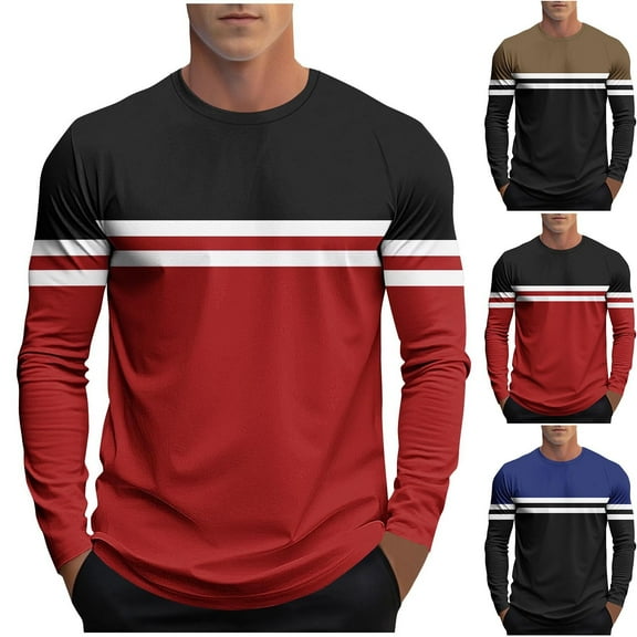 Miluxas Mens Long Sleeve Striped Shirt - Soft Casual Full Sleeves Crew Neck T Shirts for Men Red XL(XL)