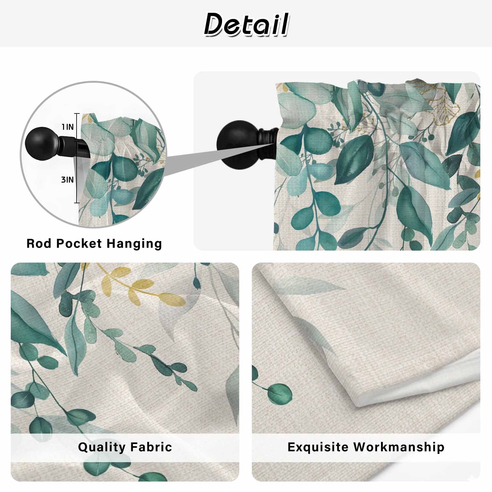 Teal Green Eucalyptus Tier Curtains 36 Inch Length, Farmhouse Weeping Leaves Linen Cafe Short Curtains for Bathroom Over Sink, Small Kitchen Curtain Light Filtering Tiered Drapes 2 Panels 27.5"Wx36"L