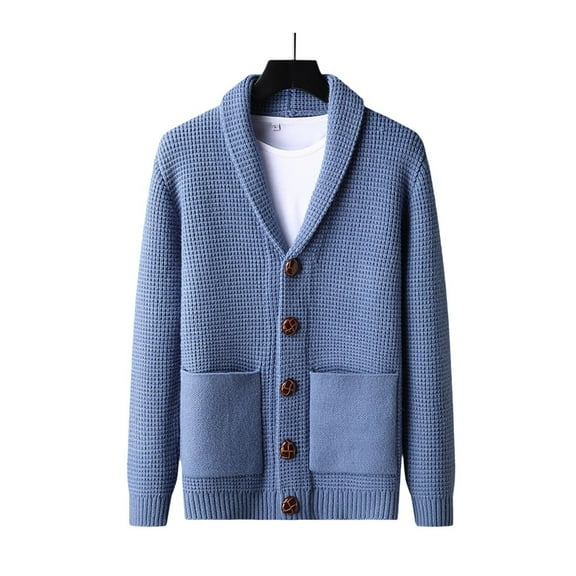 Big & Tall Long Sleeve Knit Jacket Mens Button-Up Shawl Collar Cardigan Sweater Pockets Heavyweight Fall Winter Clothing XXXXL, Blue