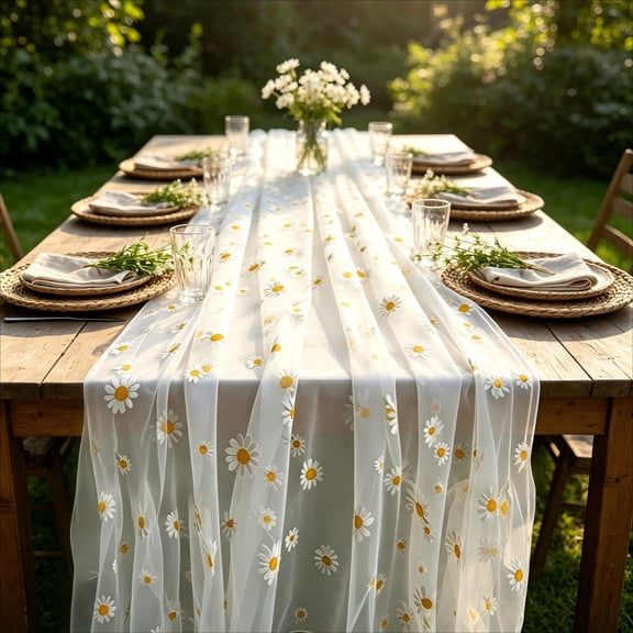 29.5x70.87 Inch Daisy Gauze Table Runner, Floral Tulle Seasonal Kitchen Dining Table Decor, Elegant Runner for Party Wedding Holiday Birthday Home
