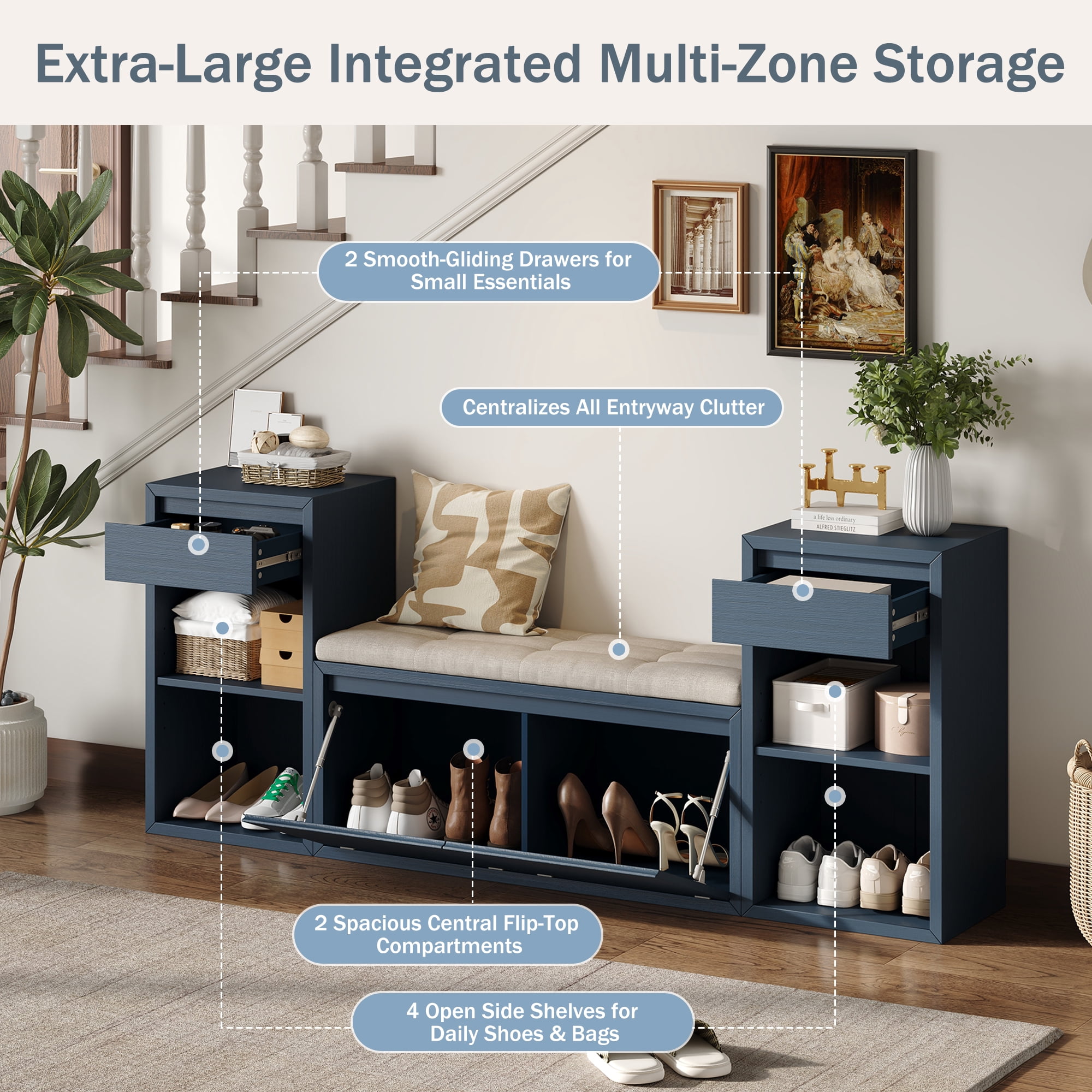 Aukfa 3pcs Storage Shoe Bench Set with Cushioned Seat, Entryway Organizer with Open Shelves & Cubbies,Antique Navy