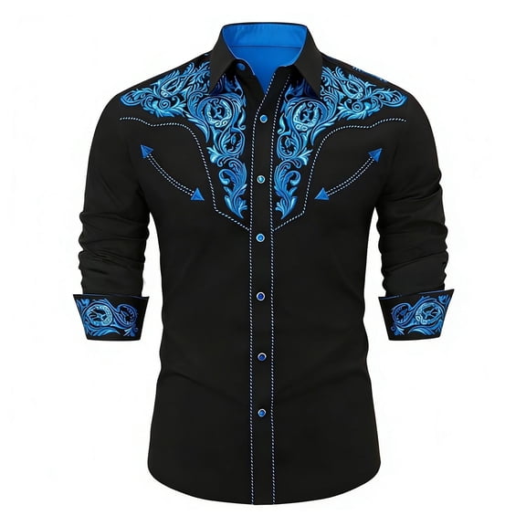 FINALGANG Mens Cowboy Floral Embroidery Shirt Long Sleeve Snap Button Shirt With Contrast Stitching Bust Pockets For Festival Daily Wear Black3 L