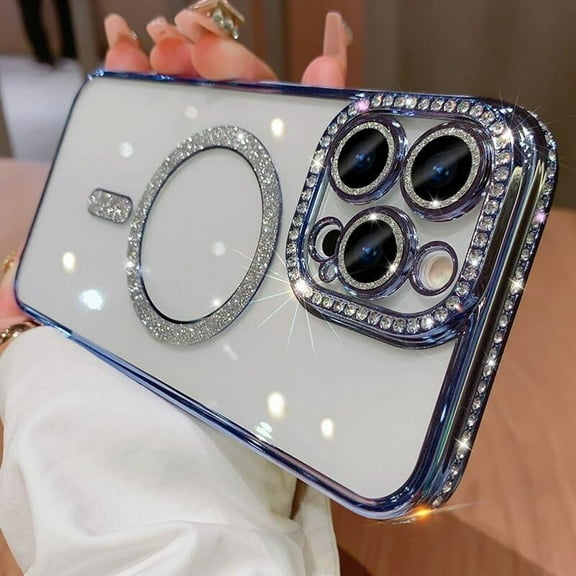 Glitter Magnetic Case for iPhone 14 13 12 11 Pro Max Plus [ Sparkling Diamond Bumper] Compatible with Magsafe, Camera Lens Protector, Bling Shiny Transparent Cover (Sky Blue,for iPhone 14 Plus)