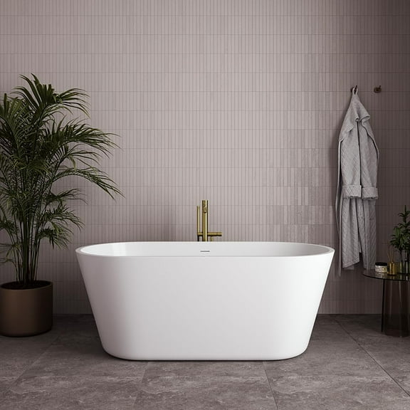 59" Streamline NDR-362-11-BBR Soaking Glossy White Freestanding Tub With Internal Drain in Brushed Brass