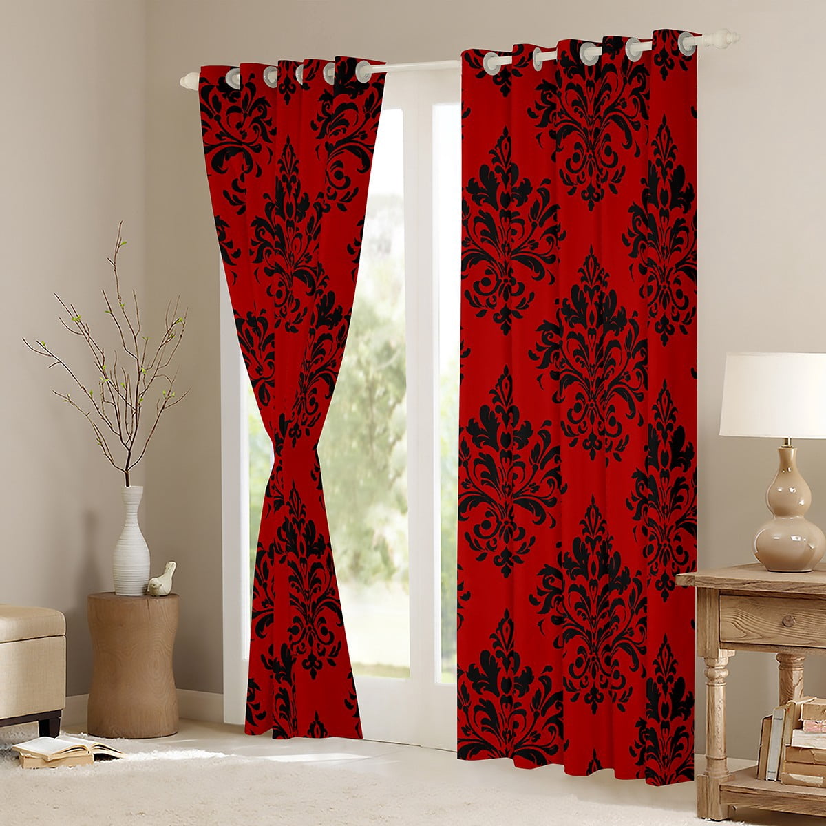 Erosebridal Gothic Floral Curtains for Living Room,Red Black Jacquard Blackout Curtains Set of 2(38x45),Boho Bohemain Flower Curtains and Drapes(38x45),Lightweight Room Decor